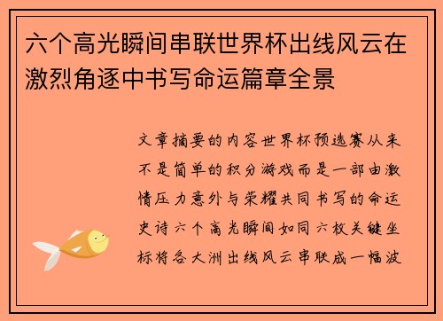 六个高光瞬间串联世界杯出线风云在激烈角逐中书写命运篇章全景